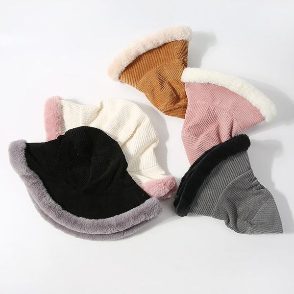 

cloches stitching corduroy fisherman hat female winter foldable girl's thickened literary, Blue;gray