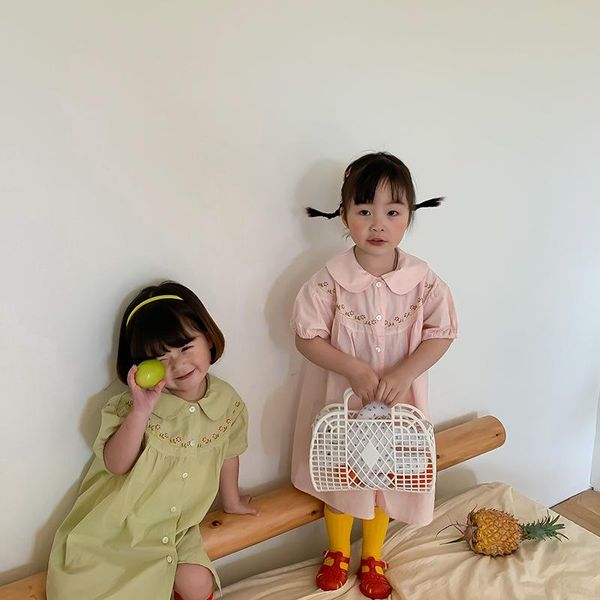 

girl's dresses 2021 summer for kids girls korean girl embroidered flower dress children's short-sleeved turntable embroidery, Red;yellow