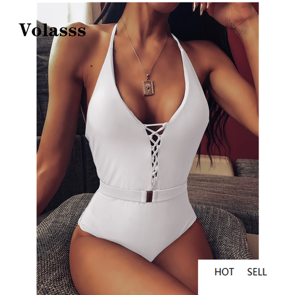 

one piece swimsuit 2020 push up swimwear bandage belt buckle integrated bodysuit backless bathing suit high waist monokini