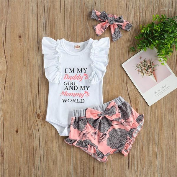 

clothing sets 2021 3pcs 0-18months infant baby girls cotton clothes sets, sleeve letter print romper+shorts+headband set for children1, White