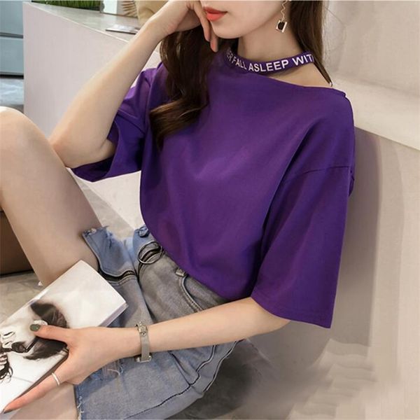 

women halter short-sleeved t-shirt letters print women's korean splice fashion wild white large size tees ls363 210506