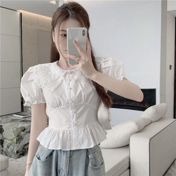 

women's blouses & shirts coigarsam patchwork korean blouse women summer lace puff sleeve blusas womens and white 538