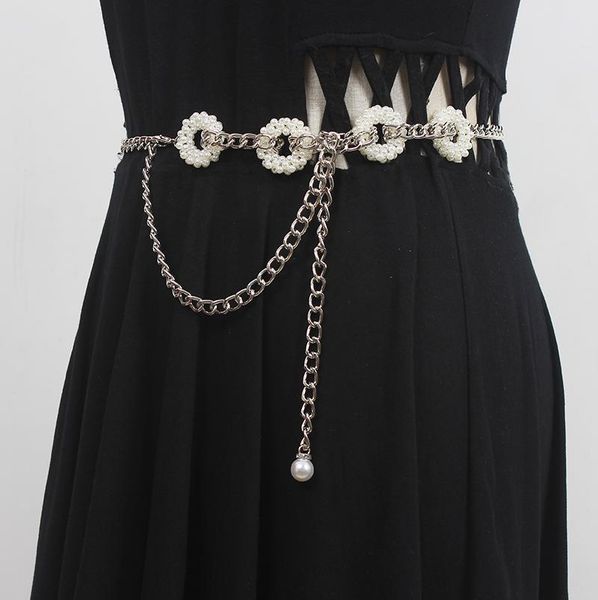 

belts women's runway fashion pearl metal chain cummerbunds female dress corsets waistband decoration narrow belt r270, Black;brown
