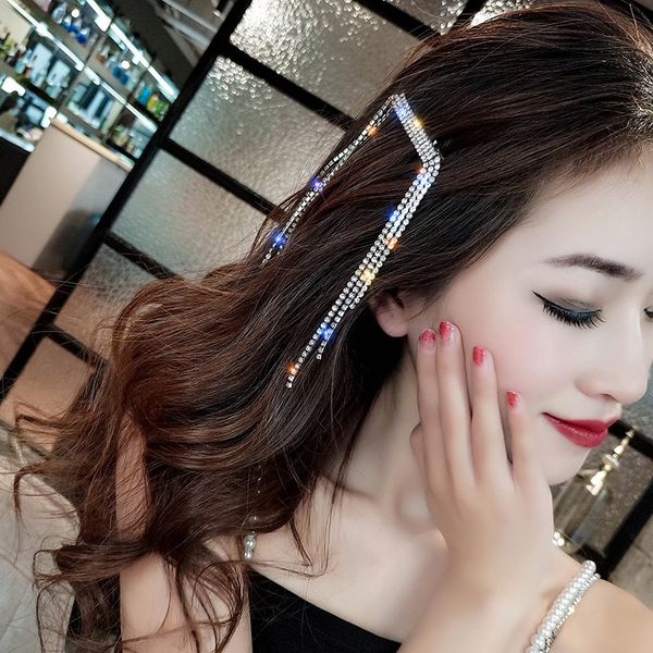 

luxury crystal tassel headbands hairpin celebrity temperament headband side clip headdress hair accessories rhinestone bridal hairbands for, Silver