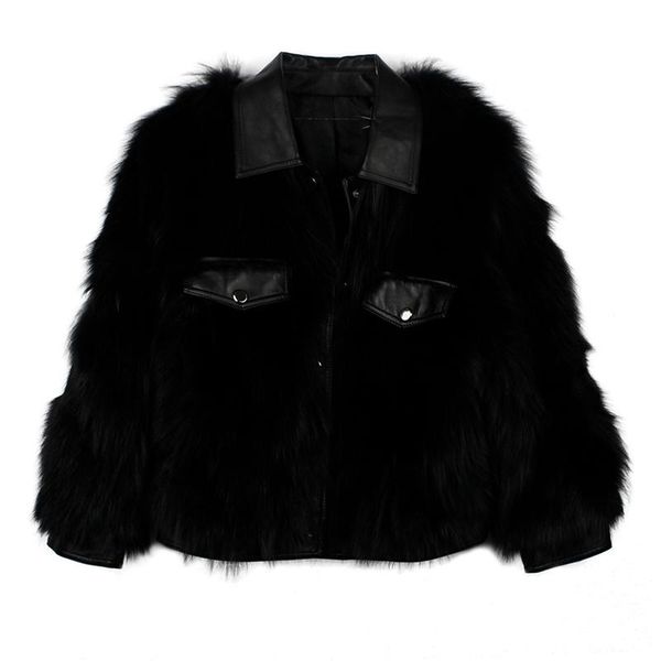 

women's fur & faux arlenesain black cropped jacket with shirt sheep leather collar and button fastening