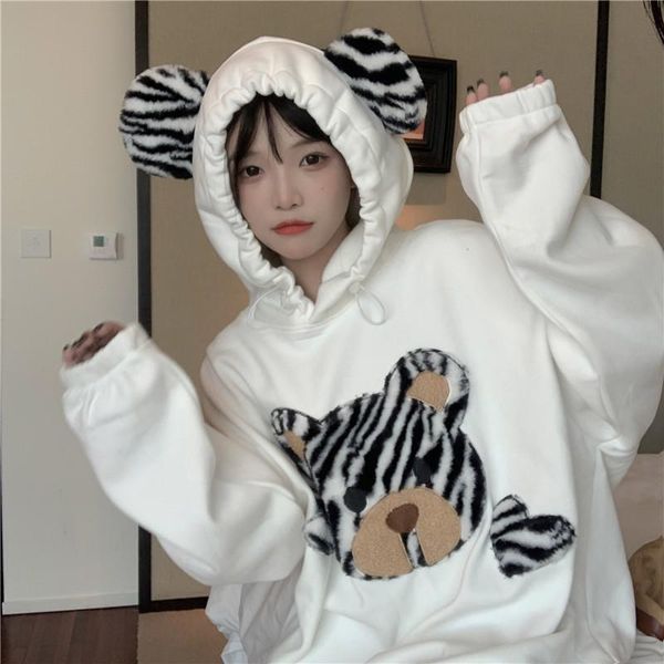 

women's hoodies & sweatshirts cute bear hoodie female japanese cartoon spring and autumn leopard print oversize loose medium length top, Black