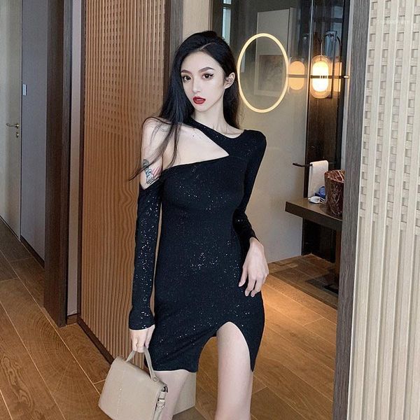 

casual dresses 2021 fashion women's one-shoulder split long sleeve dress1, Black;gray