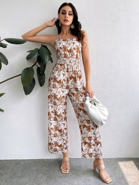

allover print backless wide leg cami jumpsuit f3jc#, White