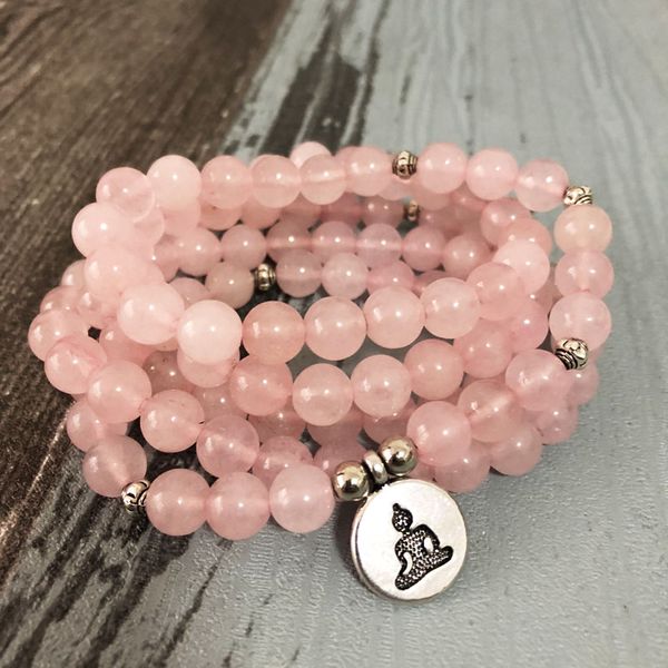 

women buddha yoga pink bracelet 108 pink rosequartz natural stone mala bracelets ladies lotus, Black