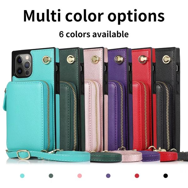İPhone 14 13 12 11 Pro MAX XS XS XR 7 8 artı düz renkli PU deri kickstand koruyucu kasa, fermuarlı para çantası ve omuz kayışı ile