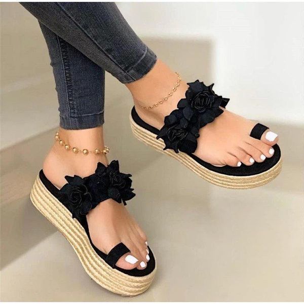 

women summer sandals ladies open toe slip on flower platform thong shoes woman fashion comfort casual female sandalias, Black