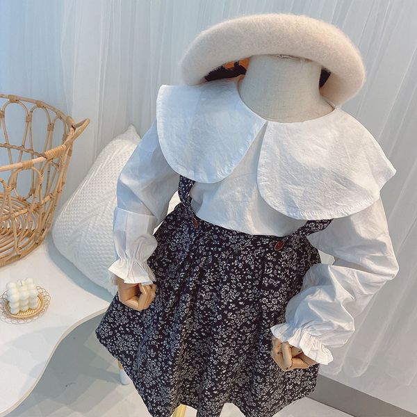 

girls clothes suit autumn winter 2022 korean version long-sleeved ruffled shirt+ floral strap skirt 2pcs sets cotton clothing, White