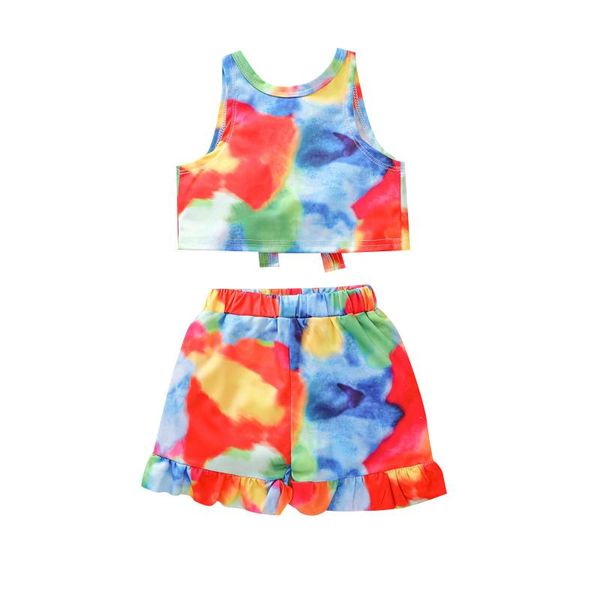 

clothing sets baby girl tie-dye print backless cothes sleeveless o-neck +elastic waist shorts summer 2-piece outfit set for born, White