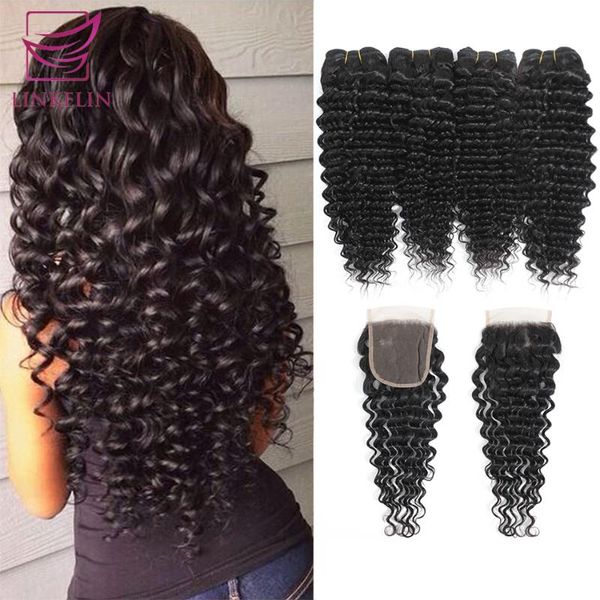 

human hair bulks linkelin bundles with closure brazilian deep wave remy 4, Black