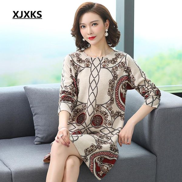 

women's sweaters xjxks 2021 spring fashion printed women long sweater high-end 100% pure wool knitted dress pullover, White;black