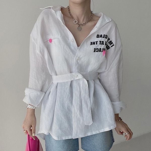 

women's blouses & shirts [ewq] korea chic summer casual trendy women lapel single-breasted letter print lace-up fashion loose shirt 202, White