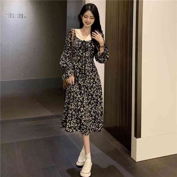 

floral long sleeve dress fall retro french waist a-line skirt womens dress, Black;gray
