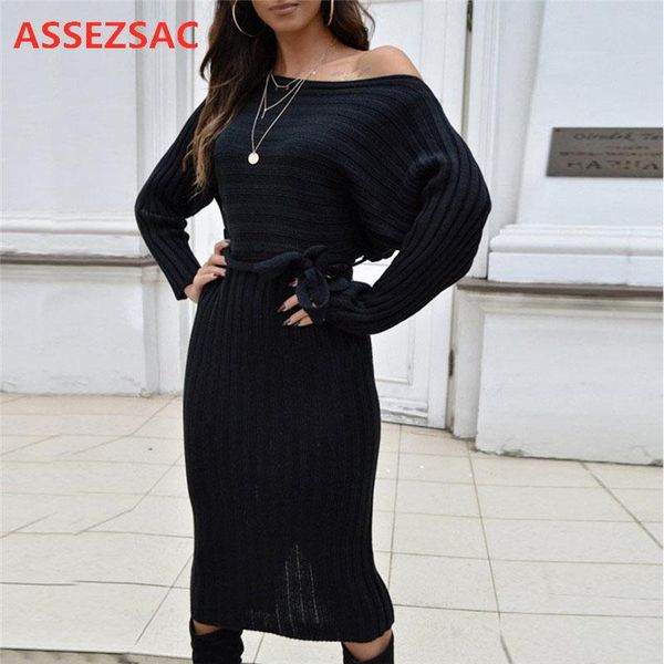 

casual dresses assezsac 2021 autumn winter fashion women sweater one-shoulder knit strap dress female solid, Black;gray