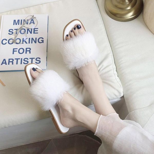 

women fur outdoor slippers leather women's fashion flats female slides sweet footwear 2021 comfortable shoes drop, Black