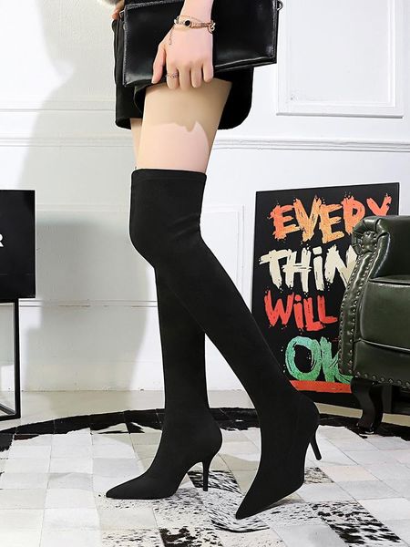 

boots female fashion contracted winter knee-high fine high heels pointed suede show a pedicure thin leg keep warm, Black