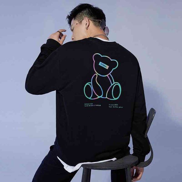 

2021 autumn and winter new fashion brand sweater reflective bear guochao colorful men's loose casual, Black