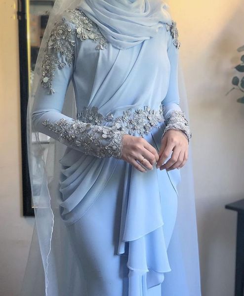 Dubai-Kaftan, arabische lange Ärmel, formelle Abendkleider 2022, Blumen, Spitze, Perlen, Chiffon, hellhimmelblau, islamische muslimische Kleider für formelle Anlässe, Abschlussball, Abiye Elbisesi