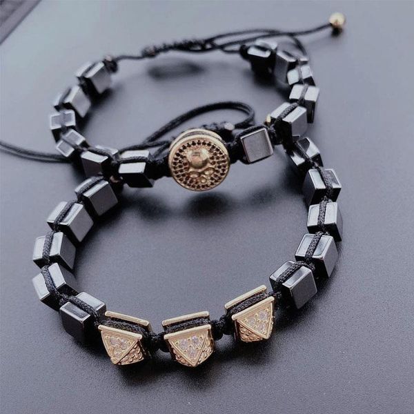 

classic men women hematite set bracelet fashion pyramid inlay cz skull square black punk rock bangles for grade jewelry charm bracelets, Golden;silver