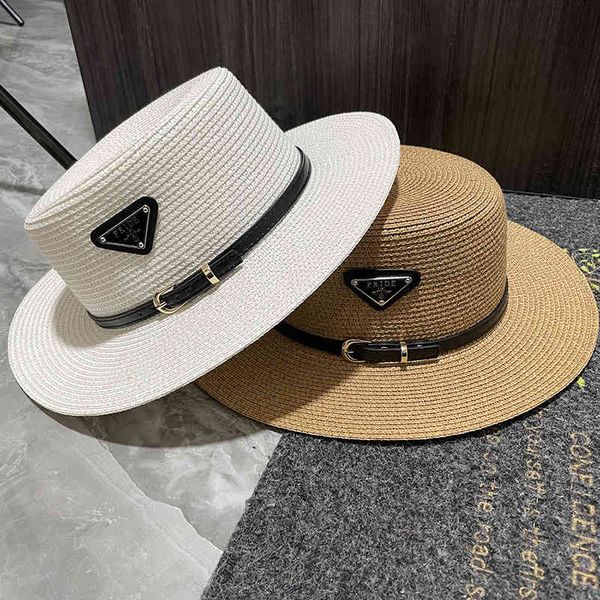 

design summer beach hat versatile belt buckle sun sunscreen sunshade triangle straw hat female, Blue;gray