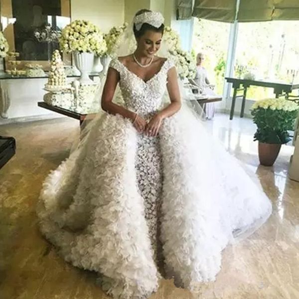 Lussuoso abito da sposa applique 3D con scollo a V lungo staccabile Abito da sposa di alta qualità Abiti da sposa a strati su misura