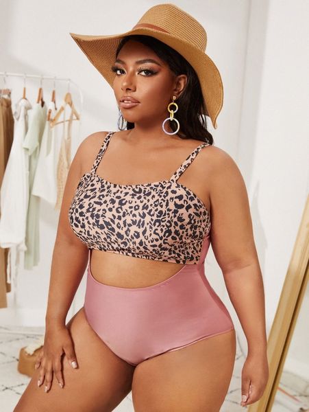 

plus leopard cut-out one piece swimsuit k6p0#, Black
