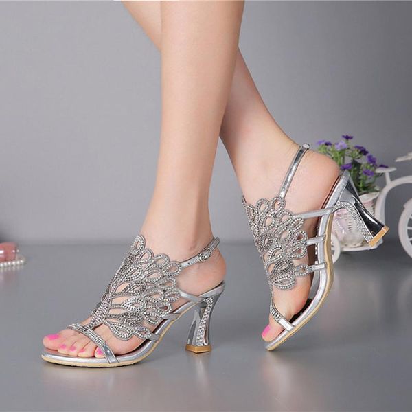

summer sandals chunky heel floral silver wedding dress shoes rhinestone luxurious genuine leather prom party high heels, Black