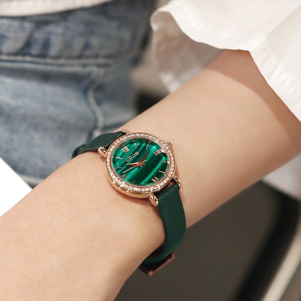 

guou ancient europe 2021 new diamond inlaid small green fashion light luxury belt watch women's watch, Slivery;brown