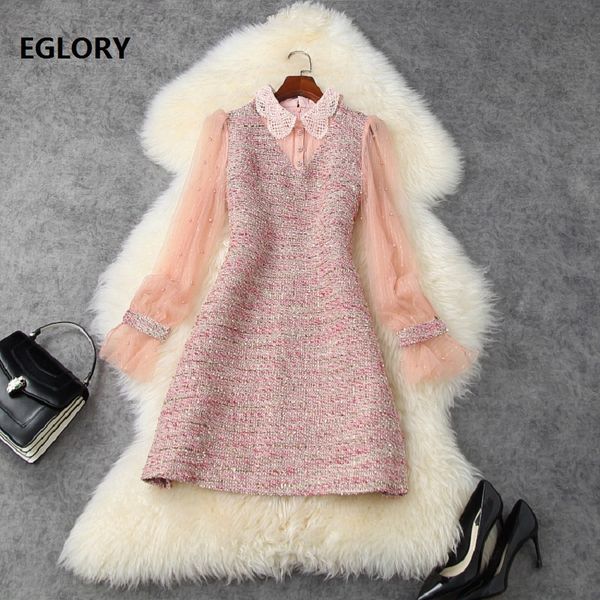 

dresses new wool autumn winter style ladies peter pan collar pearl beading deco long sleeve sweet pink, Black;gray