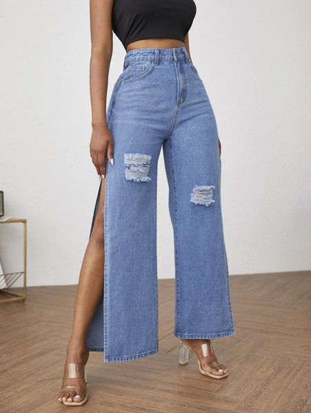 

zipper fly ripped detail split thigh wide leg jeans g5z7#, Blue