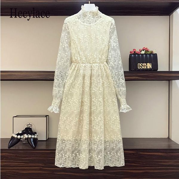 

casual dresses plus size women lace dress vestidos 2021 elegant long sleeve patchwork autumn turtleneck party, Black;gray
