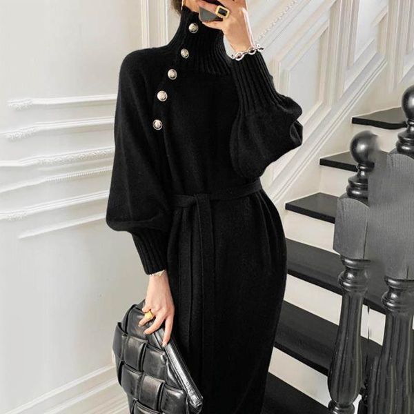

casual dresses [ewq] korean chic autumn winter wear loose versatile high collar two lace up waist clothing female ladies party knitted dress, Black;gray