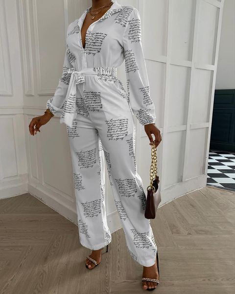 

spring autumn women's letter print jumpsuit 2021 femme long sleeve v-neck casual office ladies elegant outfits jumpsuits & rompers, Black;white
