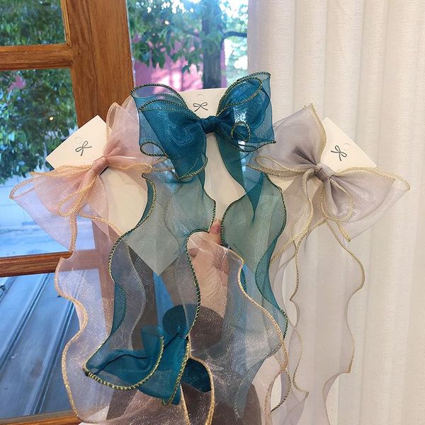 

girl's organza bow hairpin princess ponytail holder ribbon clips with butterfly knot barrette children hair accessories, Slivery;white