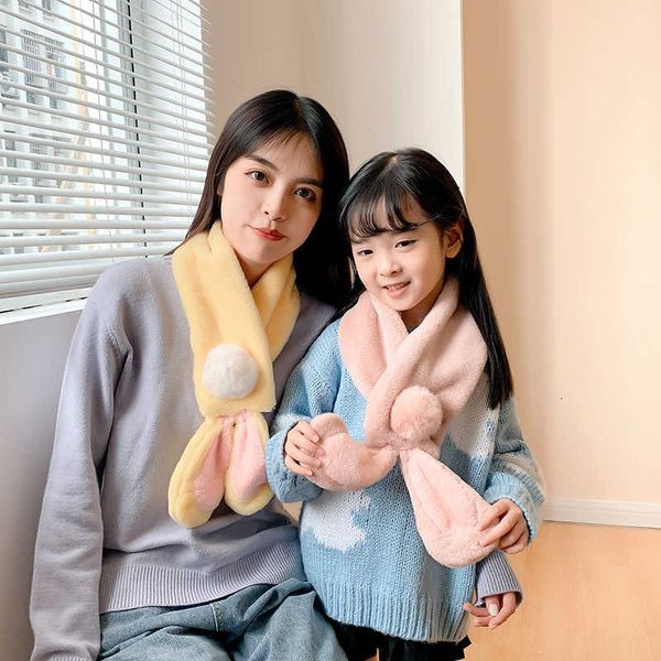 

autumn winter simple imitation animal plush cartoon rabbit ear scarf for adults and children cross warm solid color bib, Blue;gray