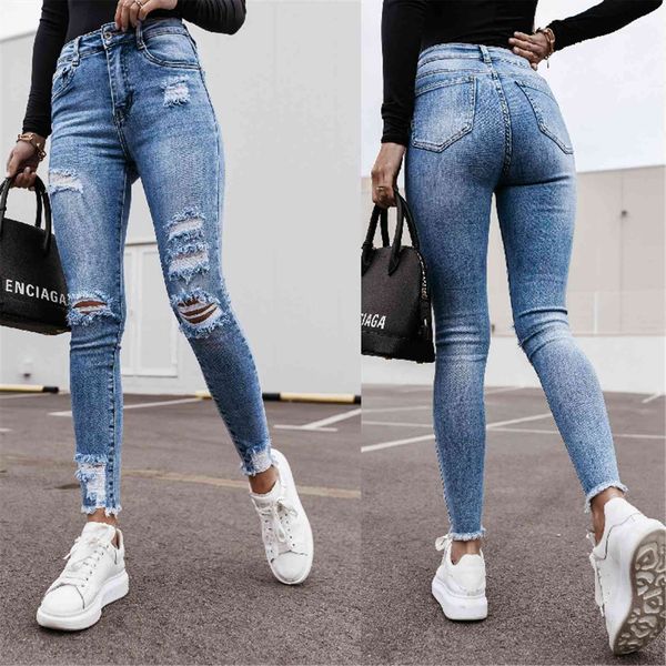 

jeans button high waist womens capris pocket elastic hole elegant stretch trousers slim denim pencil pants mujer g4, Black;white