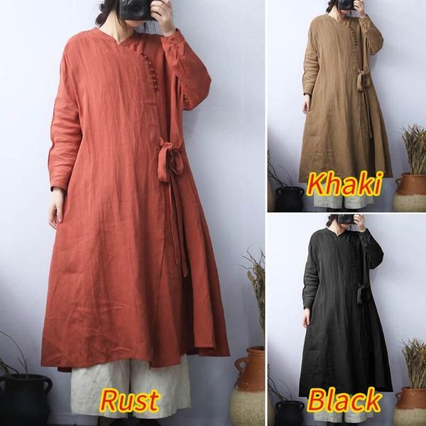 

women mid-calf dresses zanzea ladies vintage vestidos casual solid loose robe femme autumn long sleeve sundress plus size, Black;gray
