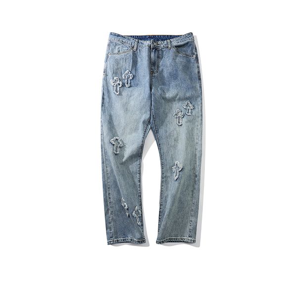 

crosin high street washed jeans men's blue embroidery cross loose straight hiphop pants zichao, White;black