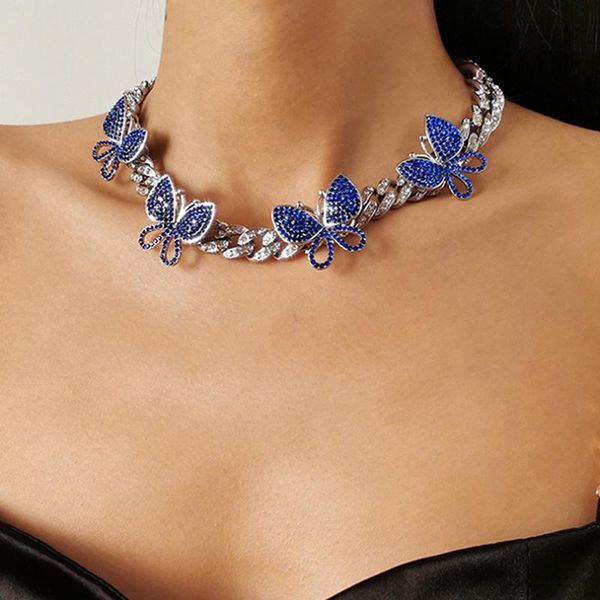 

chokers sparking fully iced out crystal pave butterfly pendant cubic zircon 3d necklace fashion jewelry, Golden;silver