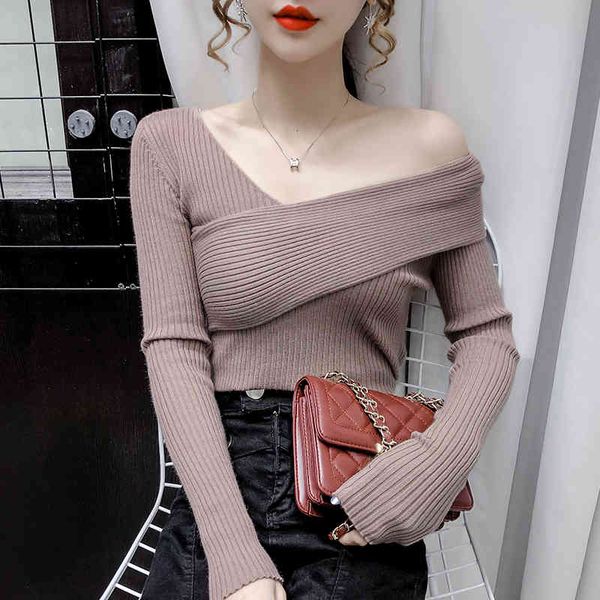 

women's t-shirt autumn winter v neck sweater women rib knit cross beige khaki or black sweaters and pullovers casual ladies, White