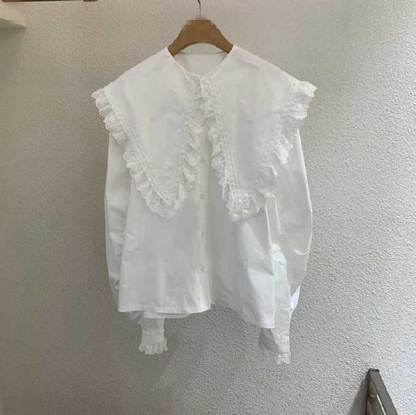 

spring style solid all match hook flower ruffled button up shirt fashion blouse women 210615, White