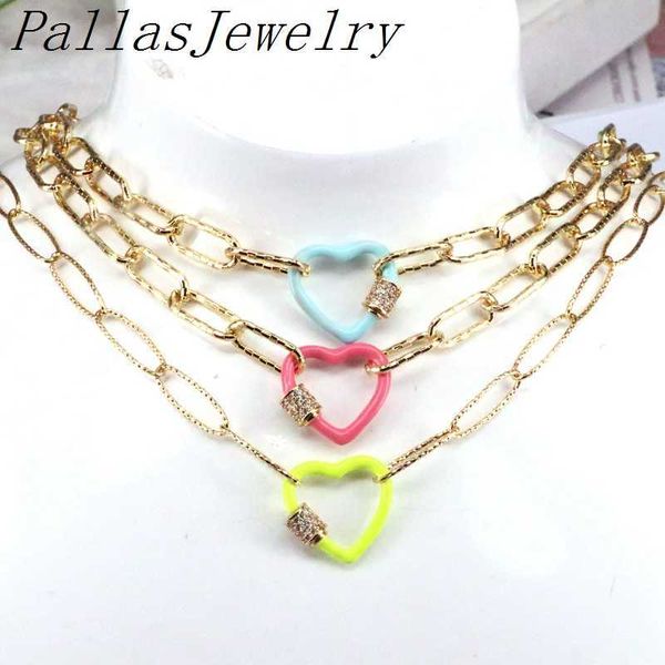 

5pcs black white blue enamel heart shape zircon clasp pendant gold link chain necklace x0707, Silver