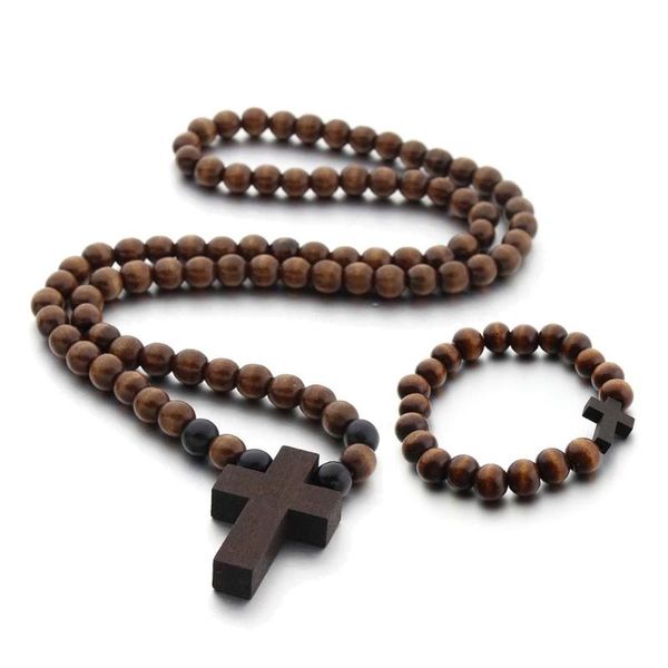Ohrringe Halskette Kreuz Jesus Armband Anhänger Holzperlen geschnitzt langer Rosenkranz Schmuck