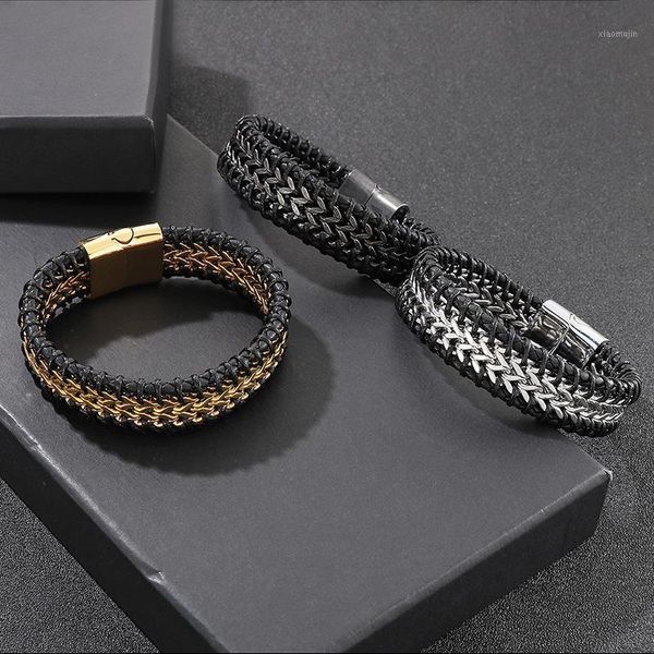 

charm bracelets haoyi 20mm wide leather braided rope chain stainless steel men's cowhide bracelet jewelry, Golden;silver