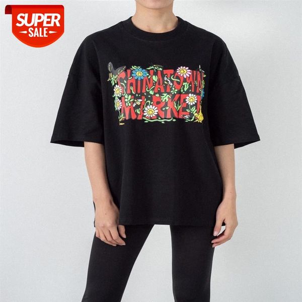

spring and summer new products european american high street basic t-shirt flower illustration printing short-sleeved tee couple male #p48m, White;black