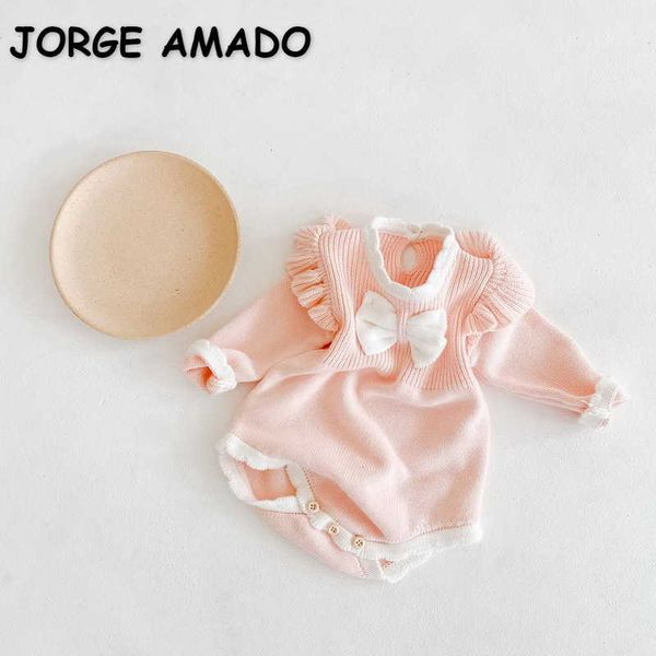 

spring girl bodysuit pink long ruffles sleeves bow sweater jumpsuit children cute style clothes e2113 210610, Blue
